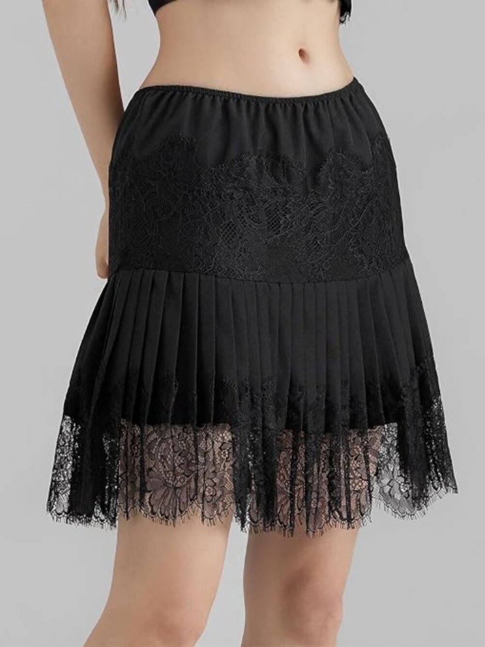 Black Pleated Lace Trim Slip Skirt Mini Coquette